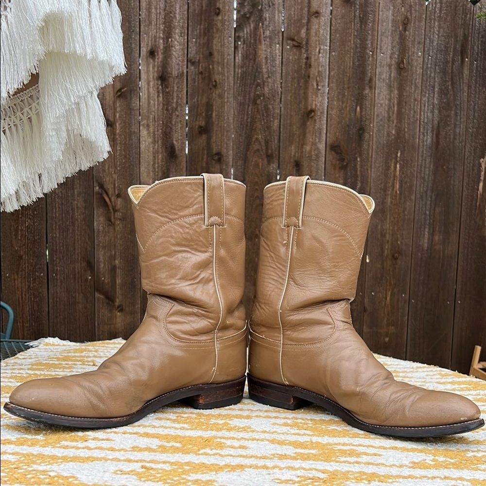 Justin Ropers Classic Tan Leather Cowboy Boots Goodyear Oil Resistant Sole Work - Picture 12 of 16